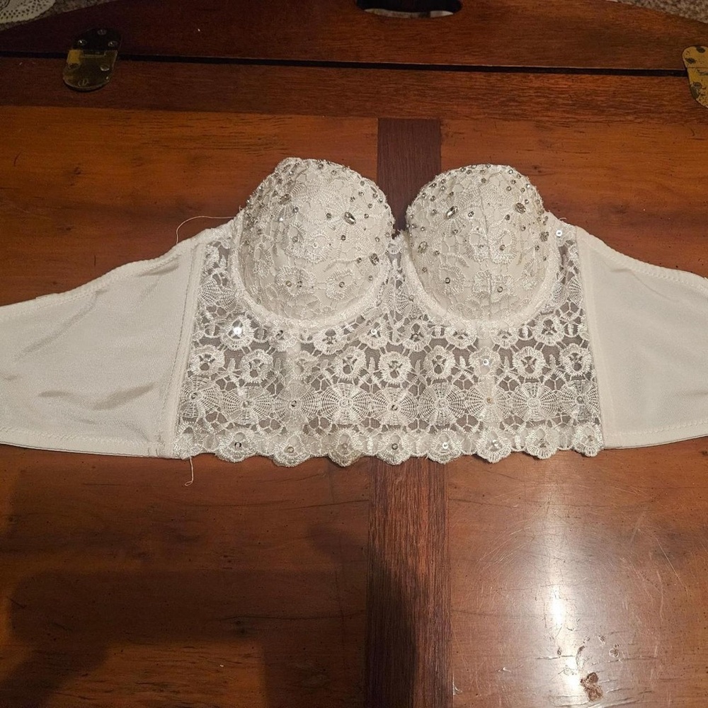 Victoria's Secret White Lace Strapless Bustier with Sequin Accents